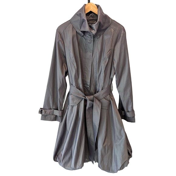 SAMUEL DONG Bubble Hem Trench Coat Dress SZ L Silver Gray Belted Party Event NWT - Picture 3 of 9